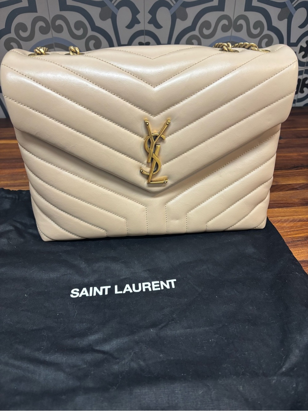 Saint Laurent Cream Chevron Quilted Shoulder Bag with Gold YSL Logo
